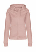 The JH50F by AWDis Just Hoods is a light pink hoodie featuring a zip-up front, long sleeves, and a hood with drawstrings. It includes two front pockets and is shown against a plain white background.