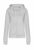 The JH50F from AWDis Just Hoods is a plain, light gray zip-up hoodie featuring a front zipper, drawstring hood, and two front pockets. Displayed on a white background, it highlights its simple and casual design.