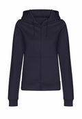 The JH50F by AWDis Just Hoods is a plain black zip-up hoodie featuring a hood and front pockets, displayed against a white background.