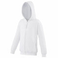 The AWDis Just Hoods JH50J is a simple white zip-up hoodie featuring a hood and front pockets, showcased against a white background.