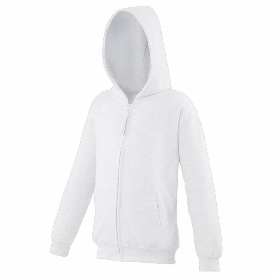 The AWDis Just Hoods JH50J is a simple white zip-up hoodie featuring a hood and front pockets, showcased against a white background.