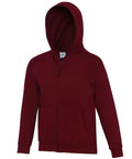 A maroon AWDis Just Hoods JH50J zip-up hoodie featuring a front pocket and hood, displayed against a plain white background.
