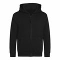The AWDis Just Hoods JH50J is a plain, black zip-up hoodie featuring a front pocket and hood. Displayed on a white background, it showcases its simple and classic design.