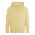 The AWDis Just Hoods JH50J is a plain beige hoodie featuring a front zipper, hood, and long sleeves. It includes two pockets and is displayed against a white background.