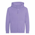 Introducing the JH50J by AWDis Just Hoods: A plain lavender zip-up hoodie featuring a front zipper and two pockets, long sleeves, and a hood, set against a pristine white background.