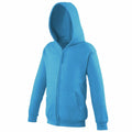 A front view of the JH50J, a vivid blue zip-up hoodie by AWDis Just Hoods, showcases the hood up and sleeves fully extended. It features a front zipper and two pockets, with material that appears soft and comfortable.