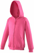 A JH50J pink hooded sweatshirt by AWDis Just Hoods, featuring a front zipper and two pockets, displayed against a plain white background.