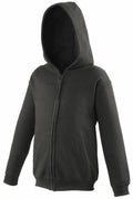 A black zip-up hoodie from AWDis Just Hoods' JH50J collection, featuring a hood, long sleeves, and two front pockets, is displayed on a plain white background.