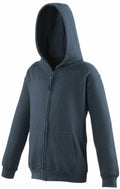 Introducing the AWDis Just Hoods JH50J: a dark gray zip-up hoodie featuring a front zipper and two pockets. This stylish piece comes with long sleeves and a hood, and is displayed without being worn by a model. The fabric looks soft and comfortable, perfect for everyday wear.