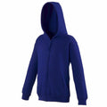 The AWDis Just Hoods JH50J features a plain navy blue design with a zip-up front, hood, and pockets, showcased against a white background.