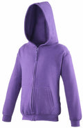 Displayed on a white background is the JH50J from AWDis Just Hoods, a purple hoodie featuring a front zipper and two pockets. The hood is up, with long sleeves that highlight its simple and casual style.