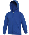 A JH50J hoodie by AWDis Just Hoods in blue, featuring long sleeves, a zip-up design, front pockets, and a hood.