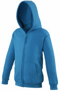 A blue hooded sweatshirt from AWDis Just Hoods, model JH50J, featuring a front zipper and two large pockets, is displayed with the hood up against a plain white background.