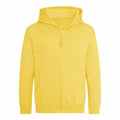 A simple yellow zip-up hoodie featuring a front pocket and hood by AWDis Just Hoods, model JH50J, shown against a white background.