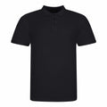The JP100 by AWDis Just Polo's, a black polo shirt featuring short sleeves and a three-button placket, is displayed against a white background.