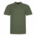This is the JP100 by AWDis Just Polo's, a plain olive green polo shirt featuring short sleeves and a buttoned collar. The shirt is showcased against a white background, emphasizing its simple and classic design.