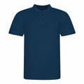 The product JP100 by AWDis Just Polo's is a dark blue polo shirt featuring short sleeves and a buttoned collar, set against a white background.