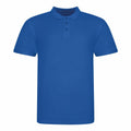 The JP100 polo shirt from AWDis Just Polo's is displayed against a white background, featuring a plain blue color with a collar and three buttons. It has short sleeves and boasts a simple, classic design.