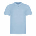 The JP100 from AWDis Just Polo's is a light blue polo shirt featuring short sleeves and a three-button placket.