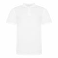 The product is an unfolded JP100 by AWDis Just Polo's, a plain white polo shirt with short sleeves, a collar, and a button placket, showcased against a white background.
