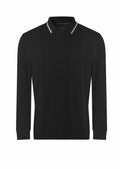 AWDis Just Polo's JP103 is a black long-sleeve polo shirt featuring a collar and button-up front.