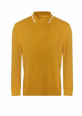 A JP103 long-sleeve polo shirt by AWDis Just Polo's, featuring a mustard color, a collar, and a three-button placket, displayed on a white background.