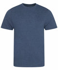 A plain blue T-shirt from AWDis Just T's, product code JT001, is displayed on a white background. It features a classic crew neck and short sleeves, showcasing a soft fabric with a subtle heathered texture.