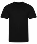A black t-shirt featuring a round neckline from AWDis Just T's, product name JT001, showcased against a white background.