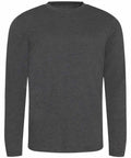A JT002 plain dark gray long-sleeve crewneck shirt by AWDis Just T's displayed against a white background.