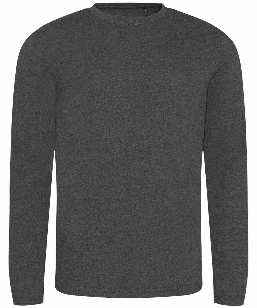 A JT002 plain dark gray long-sleeve crewneck shirt by AWDis Just T's displayed against a white background.