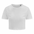 The JT006 by AWDis Just T's is a plain white cropped T-shirt featuring short sleeves and a round neckline, displayed against a white background.