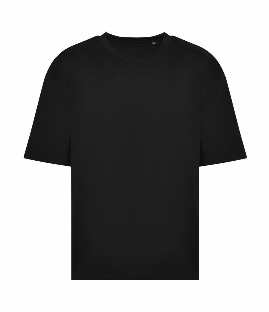JT009 by AWDis Just T's features a plain black design, complete with short sleeves and a round neckline, showcased against a white background.