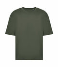 A plain olive green T-shirt from AWDis Just T's, featuring short sleeves and a crew neckline, is displayed against a white background.
