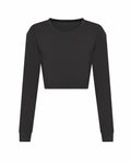 The JT016 by AWDis Just T's is a black long-sleeved crop top featuring a crew neckline and fitted cuffs, showcased on a white background.