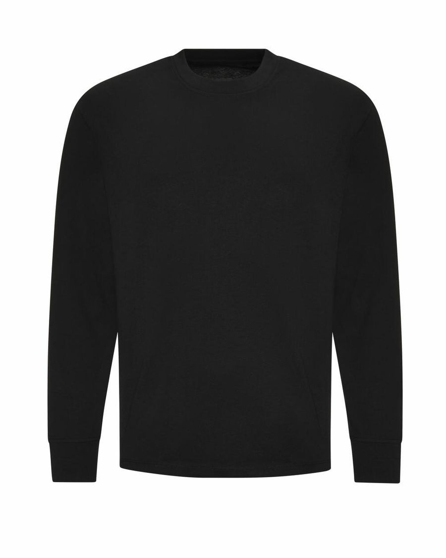 The AWDis Just T's JT019 is a plain black long-sleeve shirt featuring a round neckline, displayed against a white background.