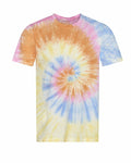 Introducing the JT022 by AWDis Just T's: a short-sleeved crewneck tie-dye T-shirt showcasing a vibrant and dynamic design with a spiral pattern in pastel hues of orange, yellow, blue, and pink.