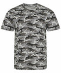 The JT034 T-shirt by AWDis Just T's features a gray and green camouflage pattern against a white background.