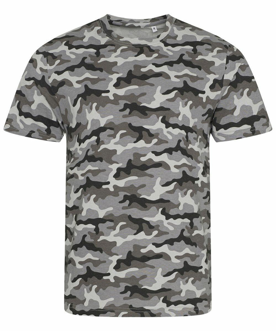The JT034 T-shirt by AWDis Just T's features a gray and green camouflage pattern against a white background.