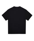 A plain black T-shirt with short sleeves and a crew neckline is laid flat on a white background, showing no visible logos or designs.