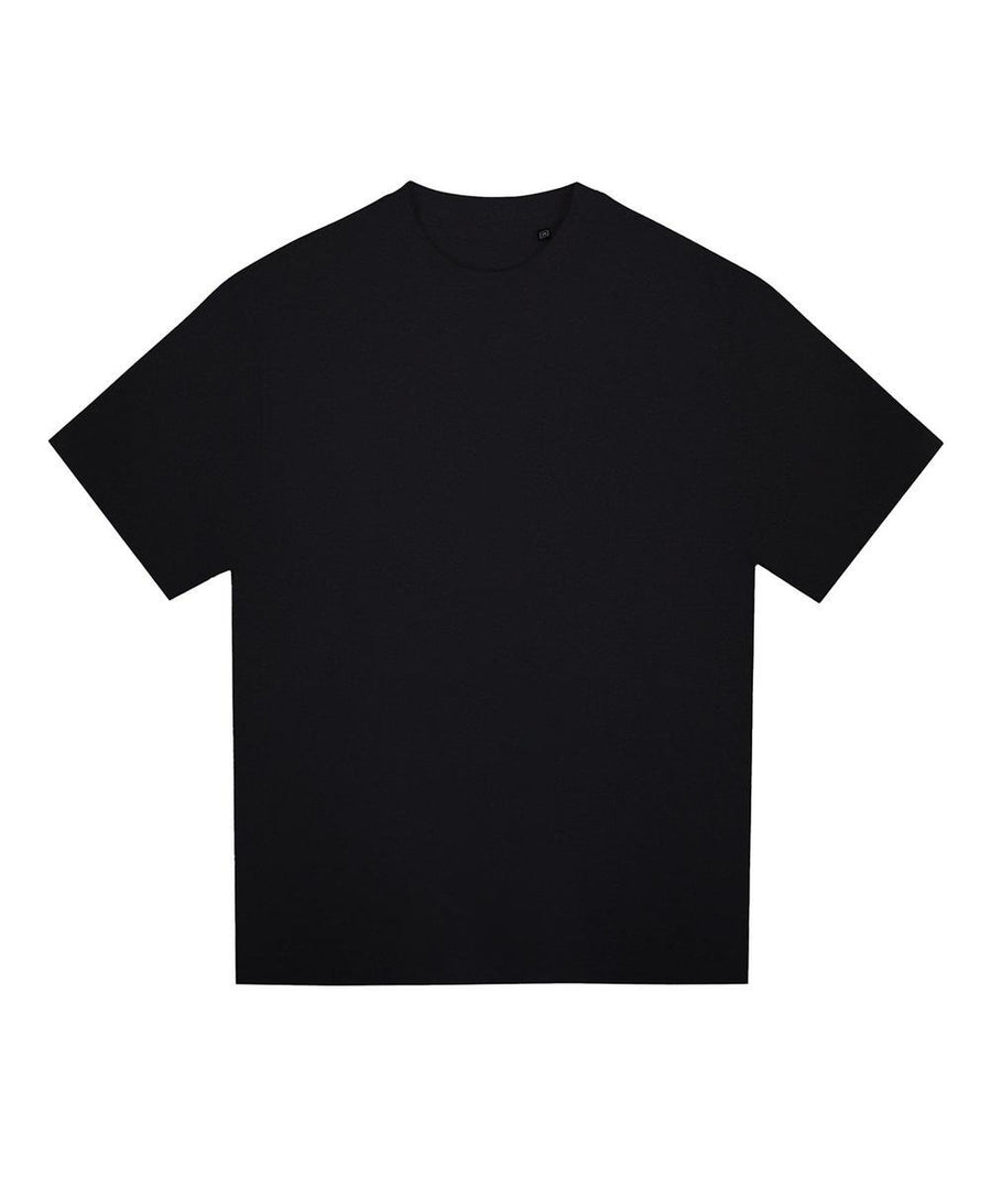 A plain black T-shirt with short sleeves and a crew neckline is laid flat on a white background, showing no visible logos or designs.