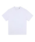 A T-shirt's short-sleeve crew neck in plain white is laid flat on a white background, featuring no visible logos or designs.