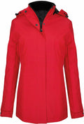 Kariban's K6108 features a red hooded jacket with black inner lining and buttoned cuffs, showcased against a simple backdrop.