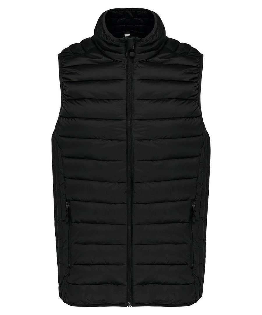 The Gilets & Body Warmers is a sleeveless black puffer gilet with a high collar, horizontal quilting, front zip fastening, and side zipped pockets, shown against a white background.