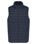 The "Gilets & Body Warmers" is a navy blue, sleeveless puffer gilet featuring horizontal quilting, a zip fastening front closure, high collar, and two zipped side pockets, shown against a white background.