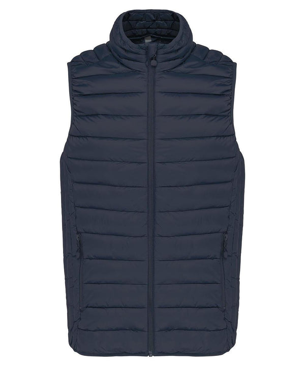 The "Gilets & Body Warmers" is a navy blue, sleeveless puffer gilet featuring horizontal quilting, a zip fastening front closure, high collar, and two zipped side pockets, shown against a white background.