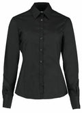 Kustom Kit's K743F is a black long-sleeve button-up shirt featuring a pointed collar.