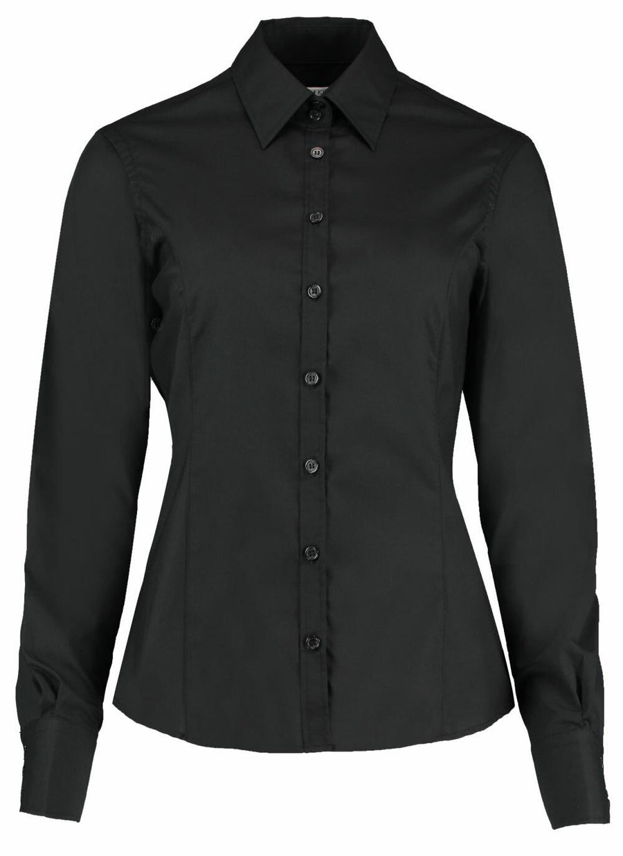 Kustom Kit's K743F is a black long-sleeve button-up shirt featuring a pointed collar.