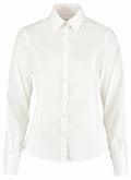 The Kustom Kit K743F, a white long-sleeved button-up shirt with a classic collar, is displayed on a plain background.