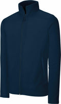 The Kariban K9102 jacket in navy blue features a high collar, zip-up design, and side pockets.