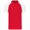 Introducing the Kariban KB226: a stylish polo shirt featuring a vibrant red body with contrasting white sleeves. This short-sleeved design includes a classic collar and two-button placket for a timeless look.
